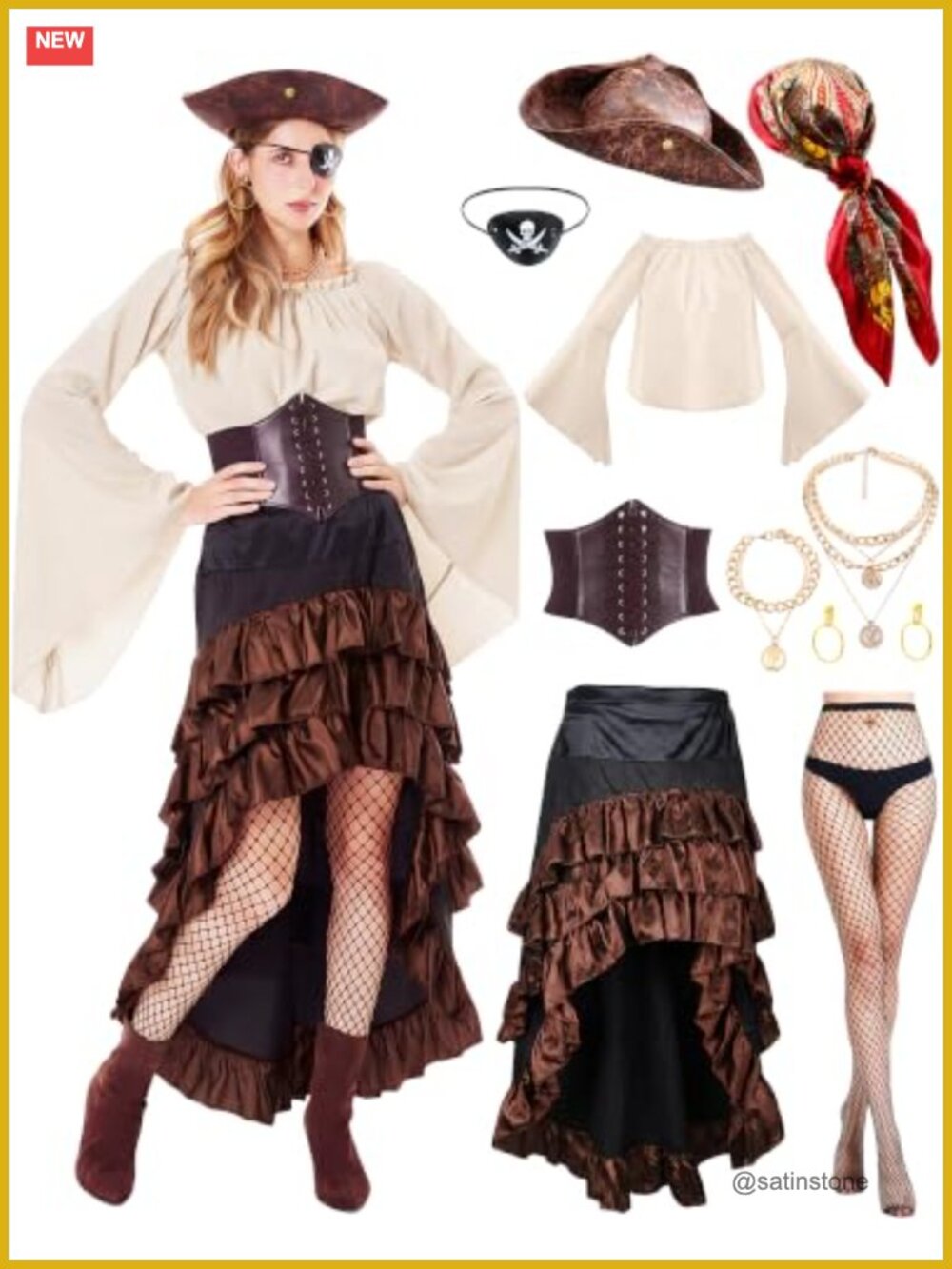 11 Piece Women's Pirate Costume Set Renaissance Cosplay Halloween Outfit Corset